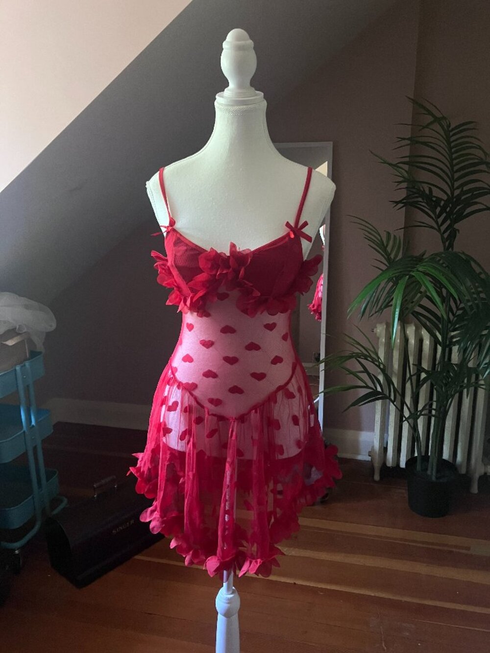 Red nightie slip dress with ruffles and heart detail